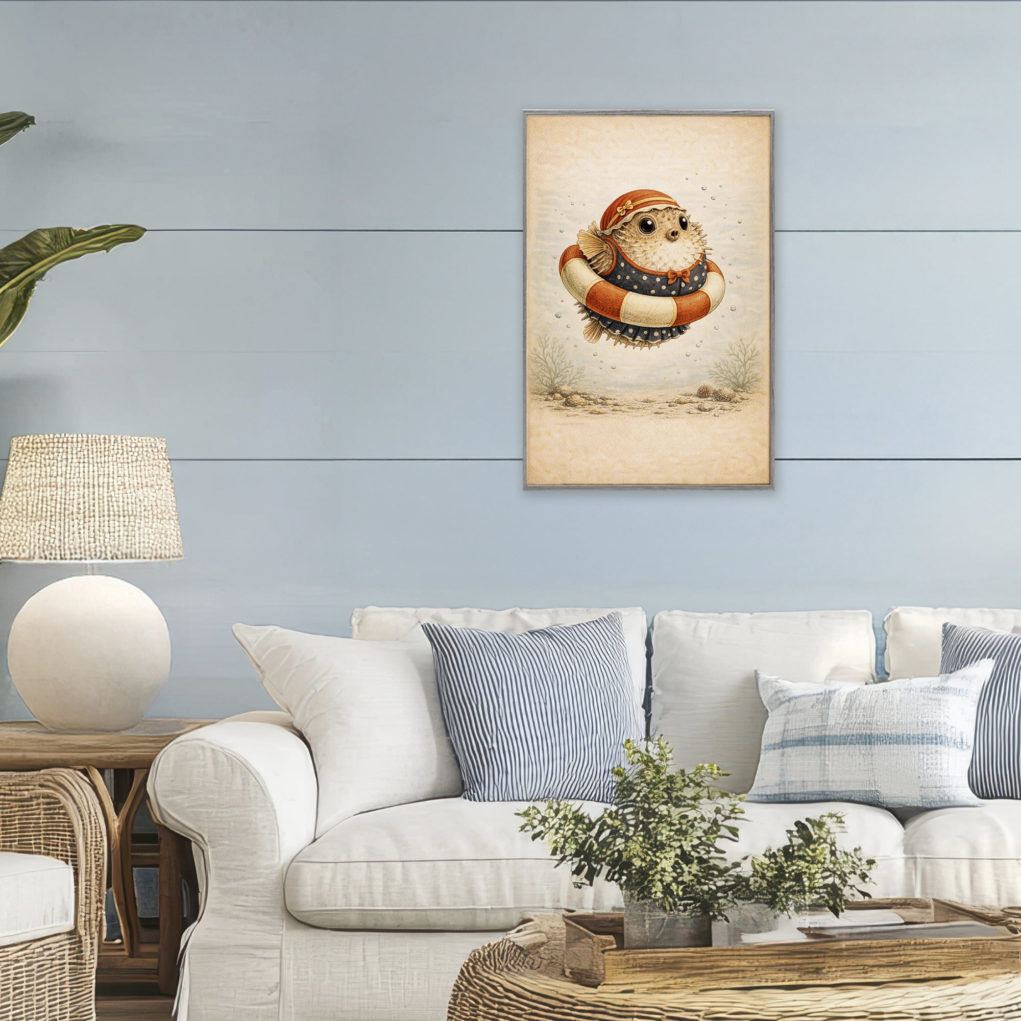 Stupell Industries Pufferfish Of Maritime Bathing Society Gray Framed Giclee Art, design by Grotto Studios