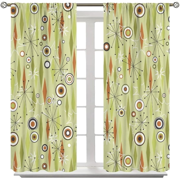 Mid Century Blackout Curtains, Vintage Green Background Atomic Abstract Pattern Window Drapes with Grommets for Living Room Bedroom Decor 26"W x 45"L (Pack of 2)