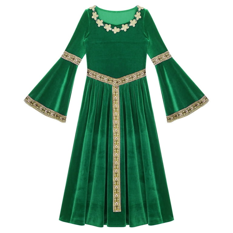 YUUMIN Girls Medieval Victorian Maiden Halloween Dress-up Velvet Long Bell  Sleeve Maxi Robe Princess Dress Green 6 - Walmart.com