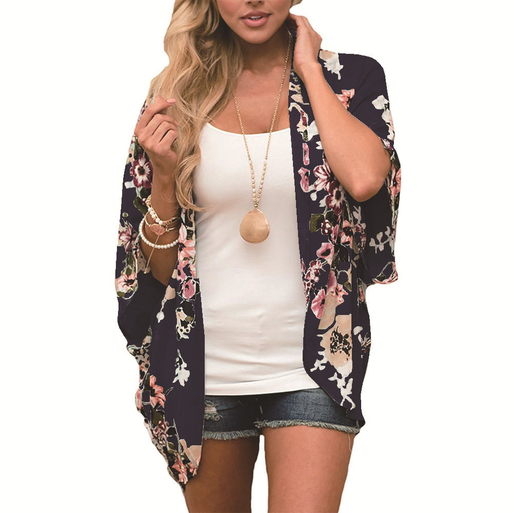 Womens Floral Print Puff Sleeve Kimono Cardigan Loose Cover Up Casual Blouse Tops 