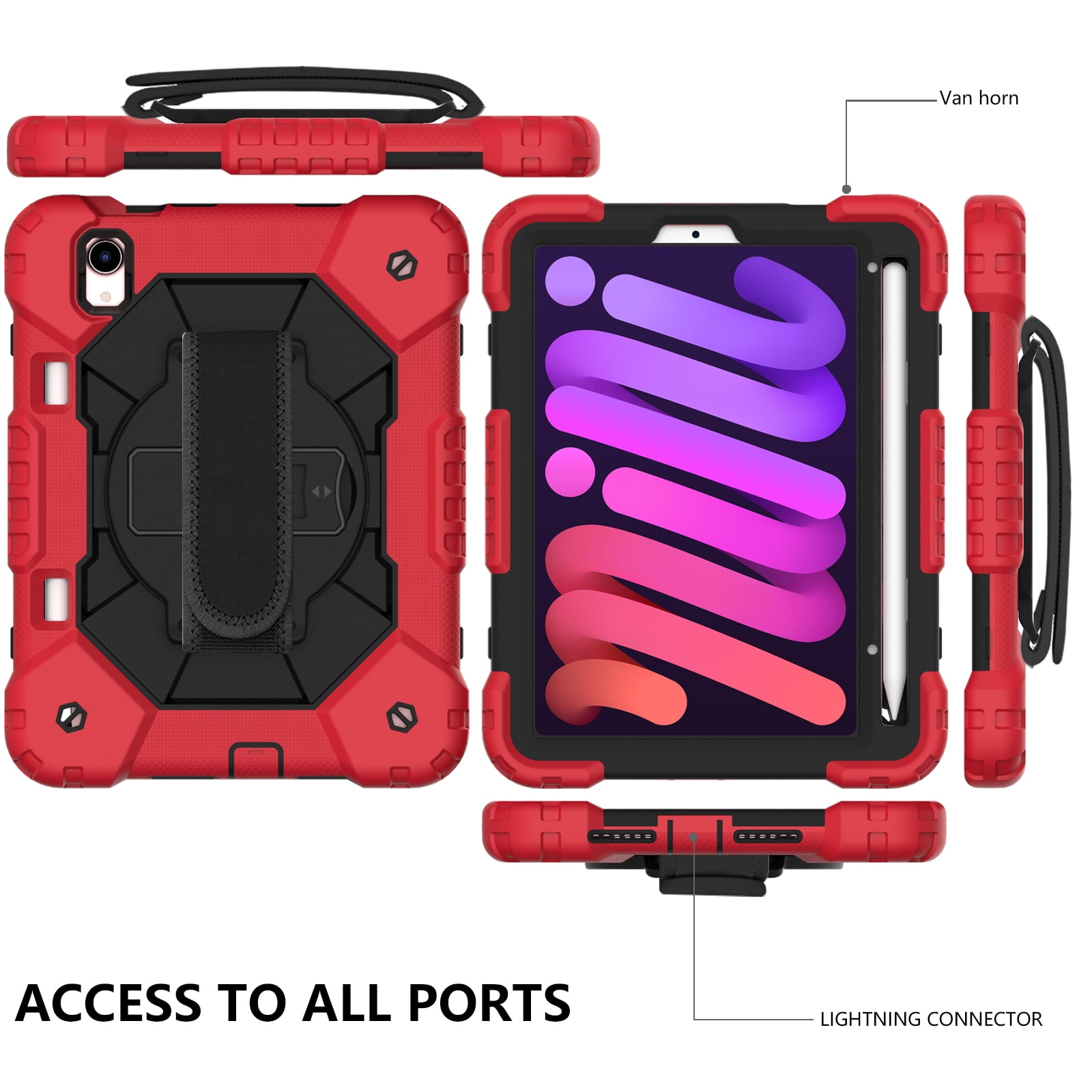 Case for iPad Mini 6 2021 8.3-inch, Kids Shockproof Rugged Hybrid 360 Rotating Stand Cover with Hand Shoulder Strap/Pencil Holder