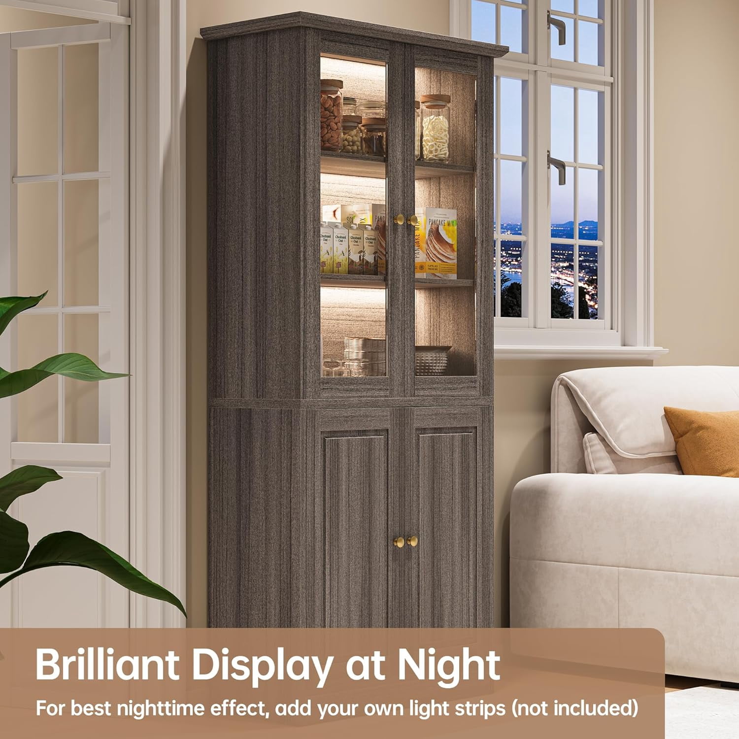 SELOOYE Modern Pantry Cabinet, 71-inch Tall Glass Display with Wood Doors, Adjustable Shelves, Grey