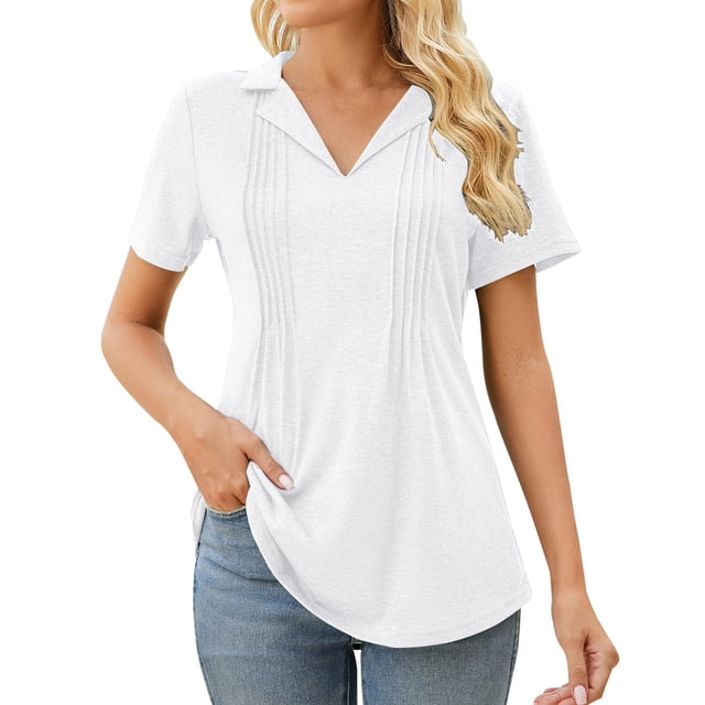 Cathalem T-Shirts pour Femmes Col Rond à Volants Manches Courtes à Pois, Blanc m