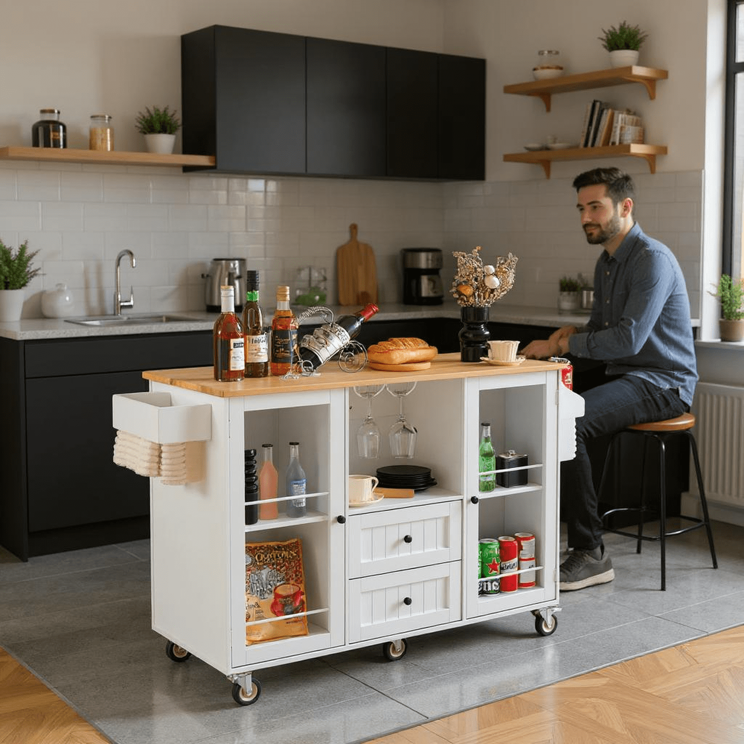 Homy Casa Rolling Kitchen Island Cart with Drop Leaf, Storage Cabinet, 2 Drawers & Wheels, White/Natural, for Small Kitchen, Dining Room, Coffee Bar