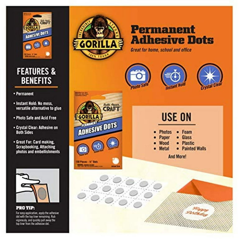 Gorilla Permanent Adhesive Dots, Double-Sided, 150 Pieces, 0.5 Diameter,  Clear, (Pack of 1) : : Office Products