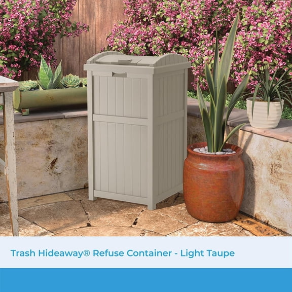 33 Gallon Hideaway for - Resin Outdoor Trash with Lid - Use in Backyard, Deck, or - Taupe