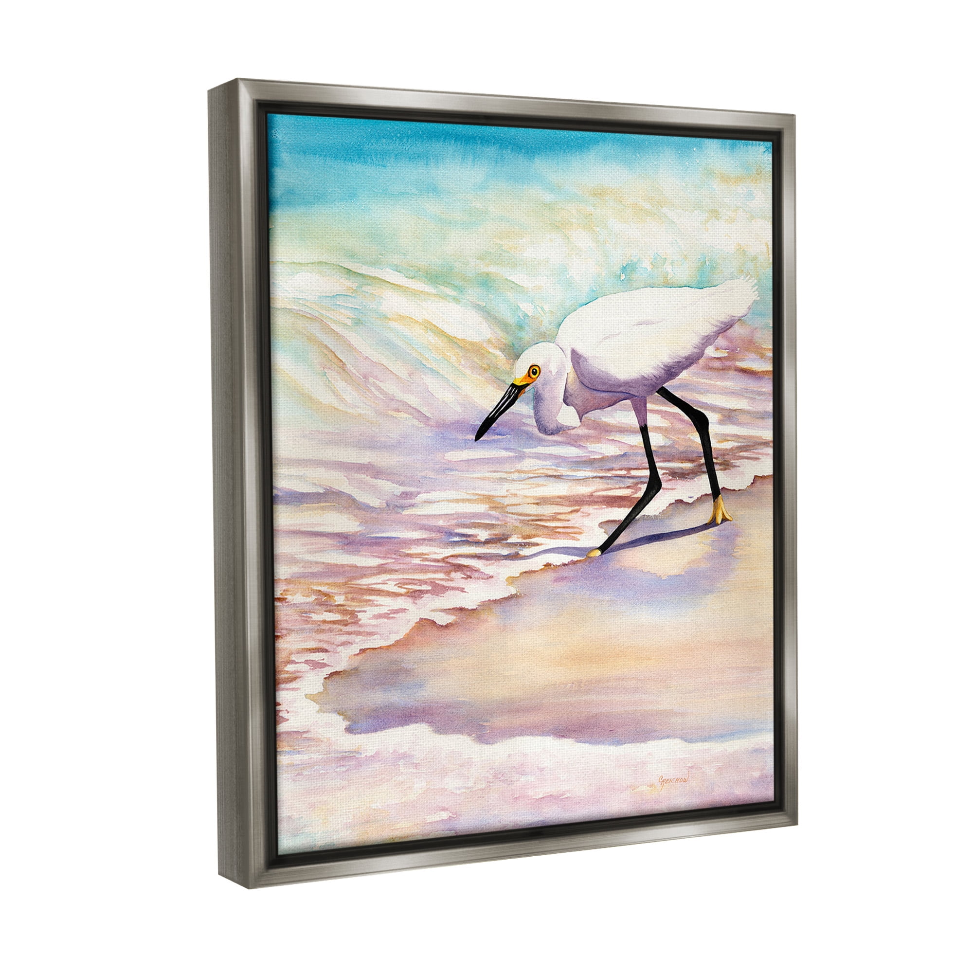 Stupell Industries Bird on Pastel Shore Animals & Insects Painting Gray Floater Framed Canvas Art Print Wall Art, 25 x 31