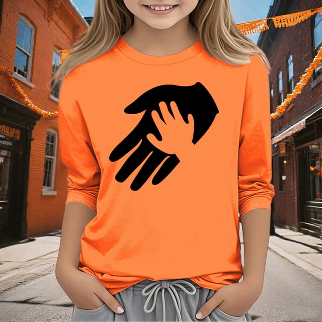 YUNAFFT T-shirt Décontracté Unisexe pour Enfants Orange Imprimé Créatif Manches 3/4 Col Rond Style Festif Ludique
