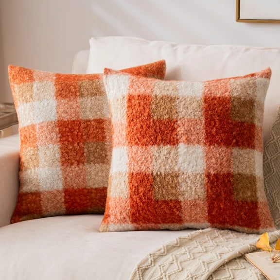 Orange Plaid Fall Throw Pillow Covers Set Of 2, Boucle Decorative Pillow Covers,Cozy Fluffy Home Living Room Farmhouse Decor for Sofa Couch Bed