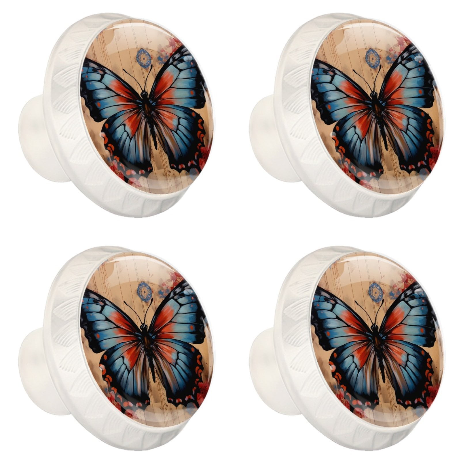 HemaKayy 4 Pack 1.37" Decorative Cabinet Knobs - Elegant Door Handles for Home Kitchen Bedroom Furniture Decor | ABS Resin with Glass Finish | Easy Installation | Blue Butterfly Ink Paint Flowers