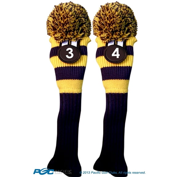 Majek #3 & #4 Hybrid Combo Pack Rescue Utility Blue & Yellow Golf Headcover Knit Pom Pom Retro Classic Vintage Head Cover