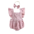 thumbnail image 1 of Baby Girls Summer Romper with Headband, Plain Fly Sleeves Lace Square Neck Tie-Up Romper, Infant Snap Triangle Backless Jumpsuit, 1 of 9