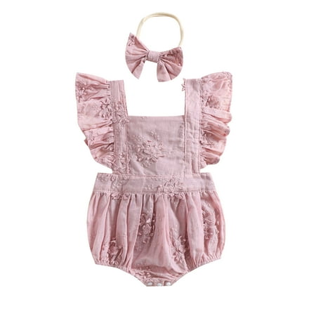 

Suanret Infants Baby Girls Summer Romper with Headband Newborn Plain Fly Sleeves Lace Square Neck Tie-Up Snap Triangle Backless Jumpsuit Purple 0-6 Months
