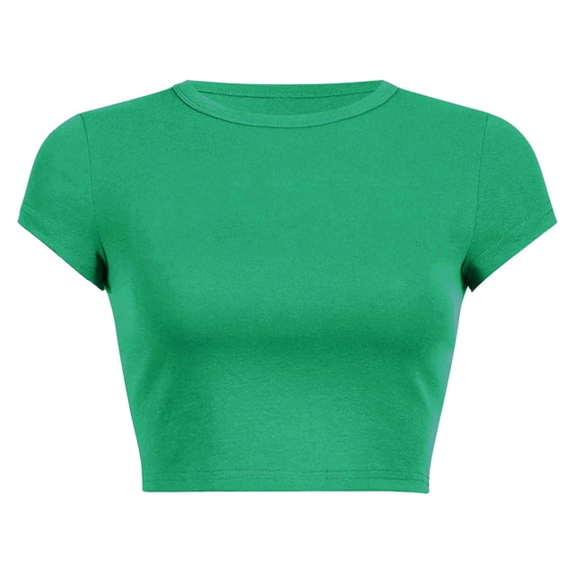 Chemises Vertes pour Femmes Col Rond Été T-Shirt Court Uni Hauts et Blouses pour Dames