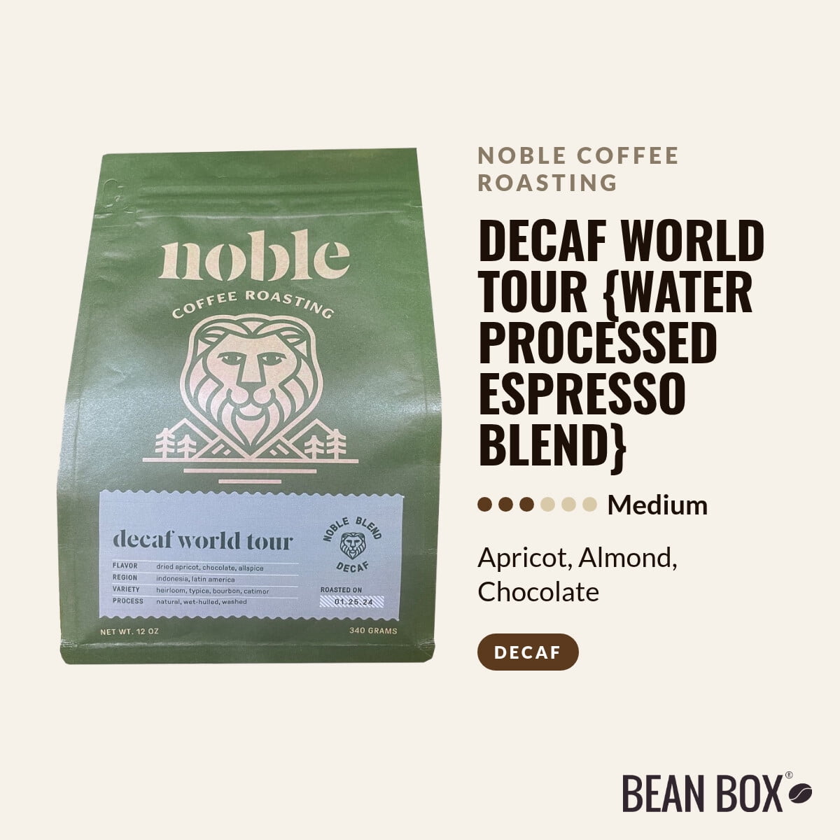 Decaf World Tour Water Processed Espresso Blend - Roasted by Noble Coffee Roasting - Whole Bean Coffee - 12oz Bag