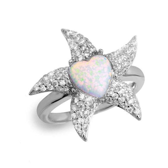 Rhodium Plated Sterling Silver 925 Starfish Ring Simulated Opal White CZ Jewelry Female Size 7