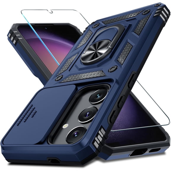 KOMI Compatible with Samsung Galaxy S25/S24 Case Built in Slide Camera Lens Cover Screen Protector Finger Ring Holder Kickstand,Heavy Duty Shockproof Full Body Protective Phone Cover, Blue