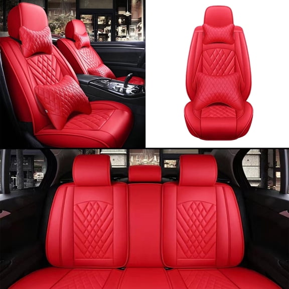 6D RED Luxury Car PU Leather 5-Seats Car Seat Cover Cushion Front Rear Pillow