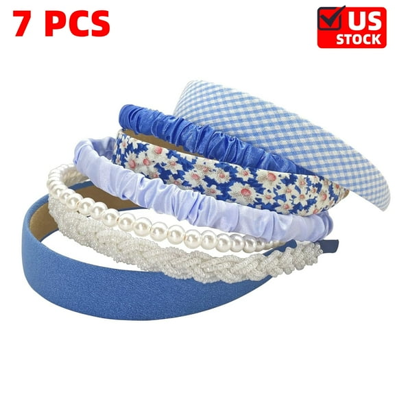 7Pack Fashion Headbands for Women,Cute Pearl Headbands for Girls,Vintage Wide Headband for Women,Non Slip Flower Headband, Blue Hair Hoop Headband for Washing face, Makeup