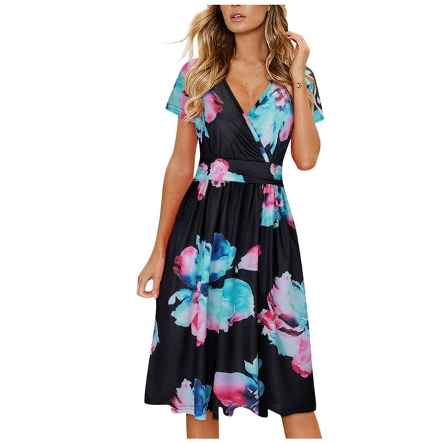 Robe Longue Décontractée pour Femme à Manches Courtes, Imprimé Floral, Coupe Ample, Plage