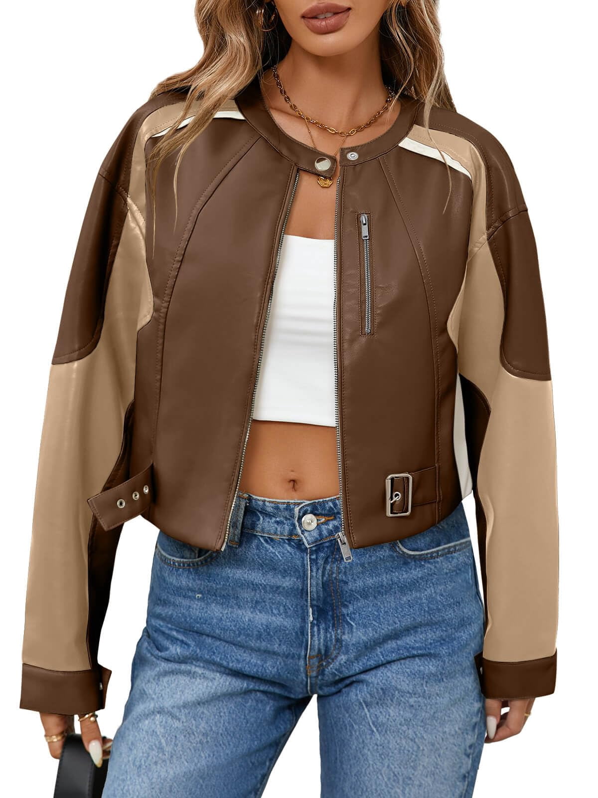 Womens Faux Leather Bomber Jackets Cropped Zip Up Color Block Fall Casual Moto Biker Coats