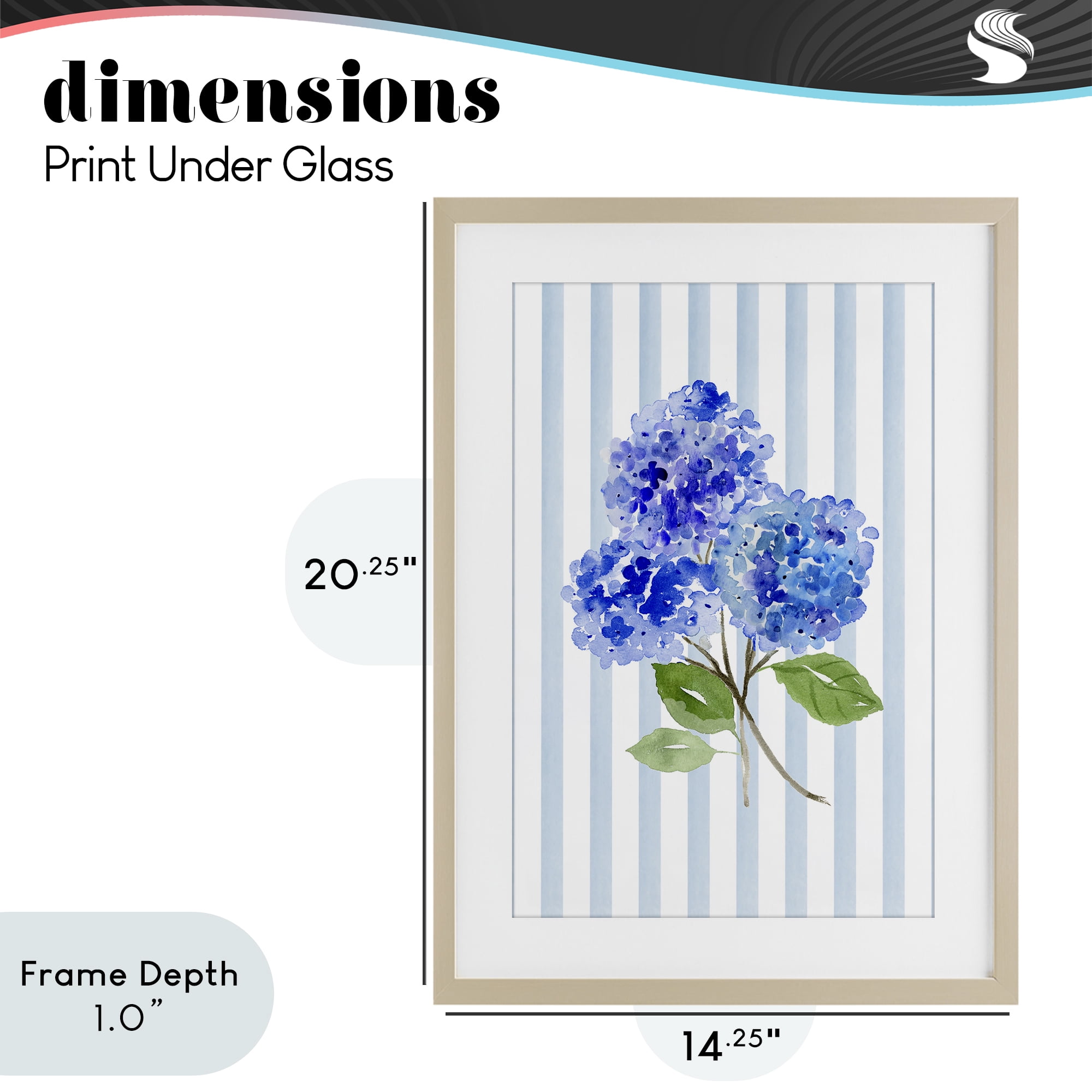 Stupell Industries Blue Hydrangeas over Stripes Birch Framed Print Under Glass, design by Corinne Haig
