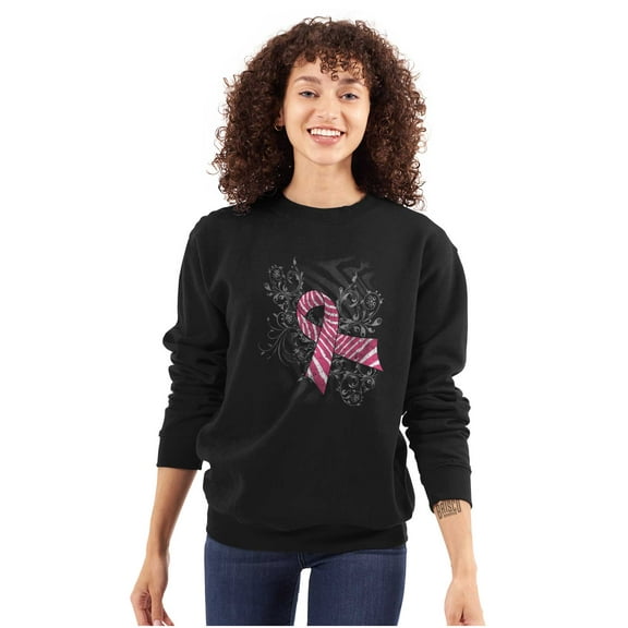 Pink Ribbon Zebra Breast Cancer Aware Women Crewneck Sweatshirt Brisco Brands S