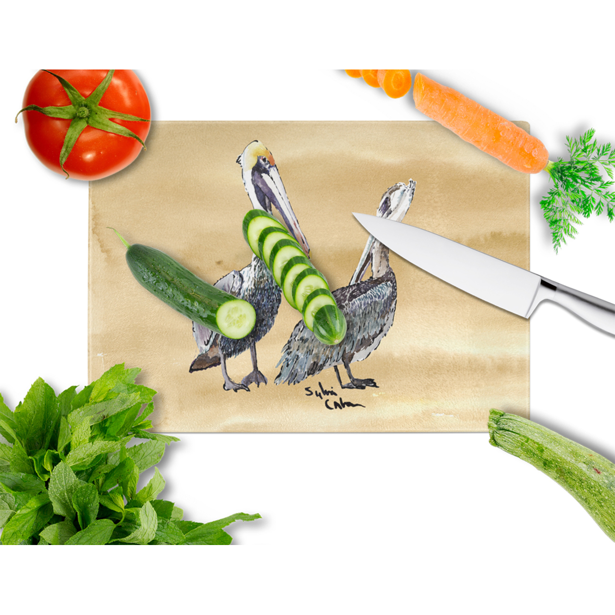 Double Trouble Pelicans on sandy beach Glass Cutting Board