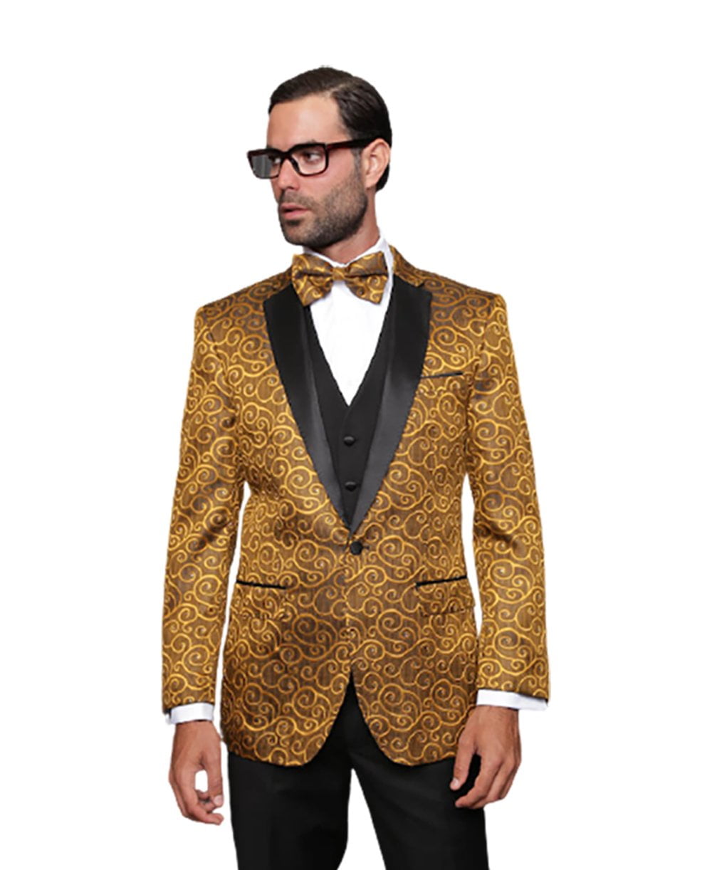 Bellagio Classic 3Pc 1 Button Mens Gold Suit With Trim On The Collar