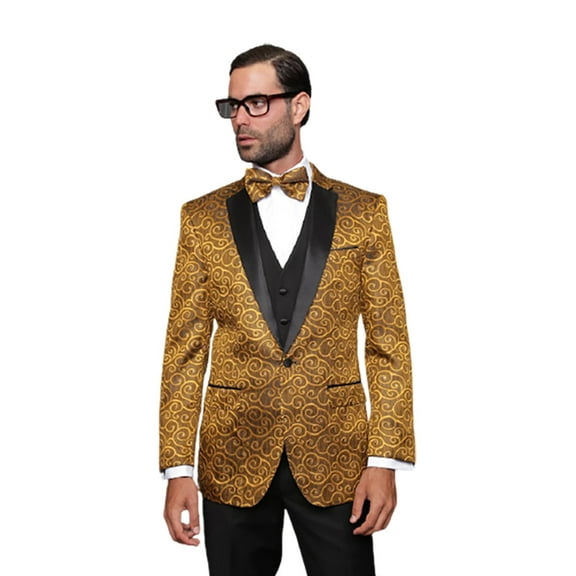 Bellagio Classic 3Pc 1 Button Mens Gold Suit With Trim On The Collar Super 150'S Extra Fine Italian Fabric By Alberto Nardoni Brand Designer