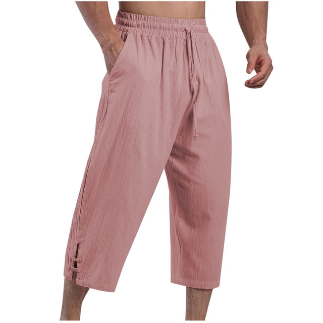 Pantalones largos de moda para hombre, casuales, de color sólido, con bolsillos, elásticos, deportivos, de lino y algodón.