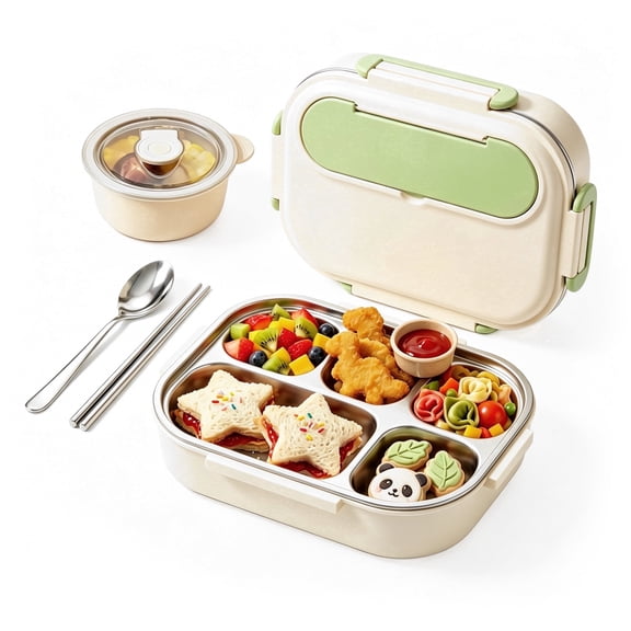 M Buder Bento Box for Kids, Leak-Proof 304 Stainless Steel Child Lunch Box with 5 Compartments , Double Insulated Food Jar, Fork, Spoon, Green
