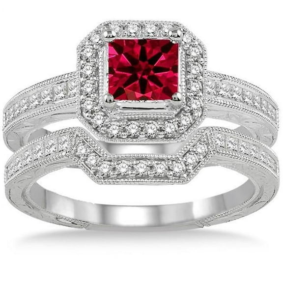 JeenMata 1.75 Carat Princess Cut Created Ruby and Moissanite Bridal Wedding Ring Set with Engagement Ring and Wedding Band in 18k Gold Over Silver