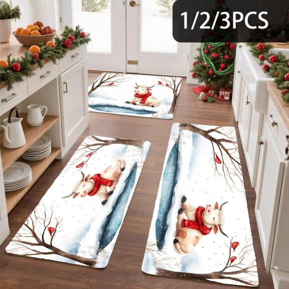 3PCS Kitchen Mat set, Welcome Door Flannel Rug,Home Decor for Front Door,Kitchen, Bathroom, Christmas Deer On Snowy Landscape ,Great Christmas Housewarming gift for Family and Friends.