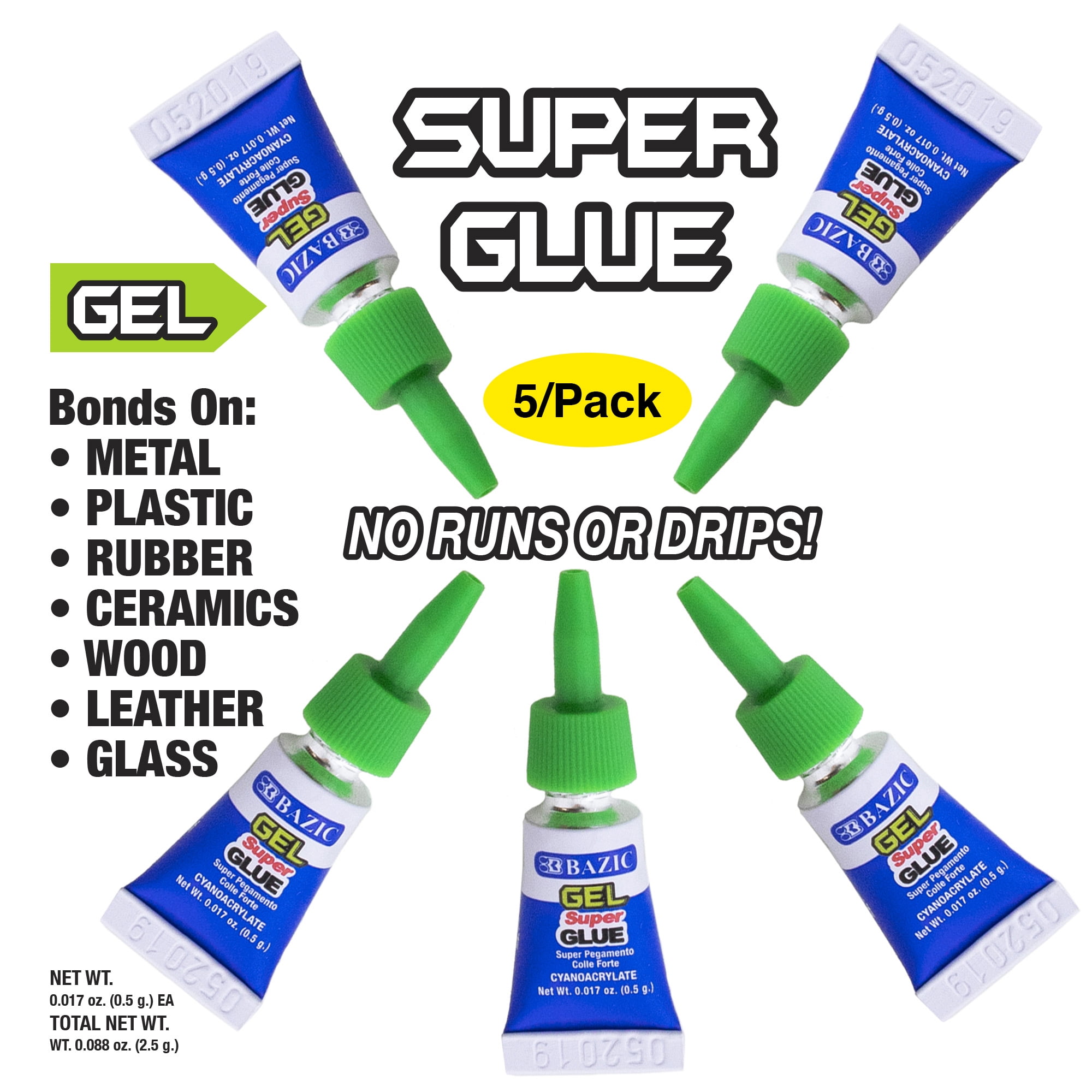 BAZIC Super Glue Gel 0.5g Clear No Run Fast Dry Adhesive (5/Pack), 24-Packs