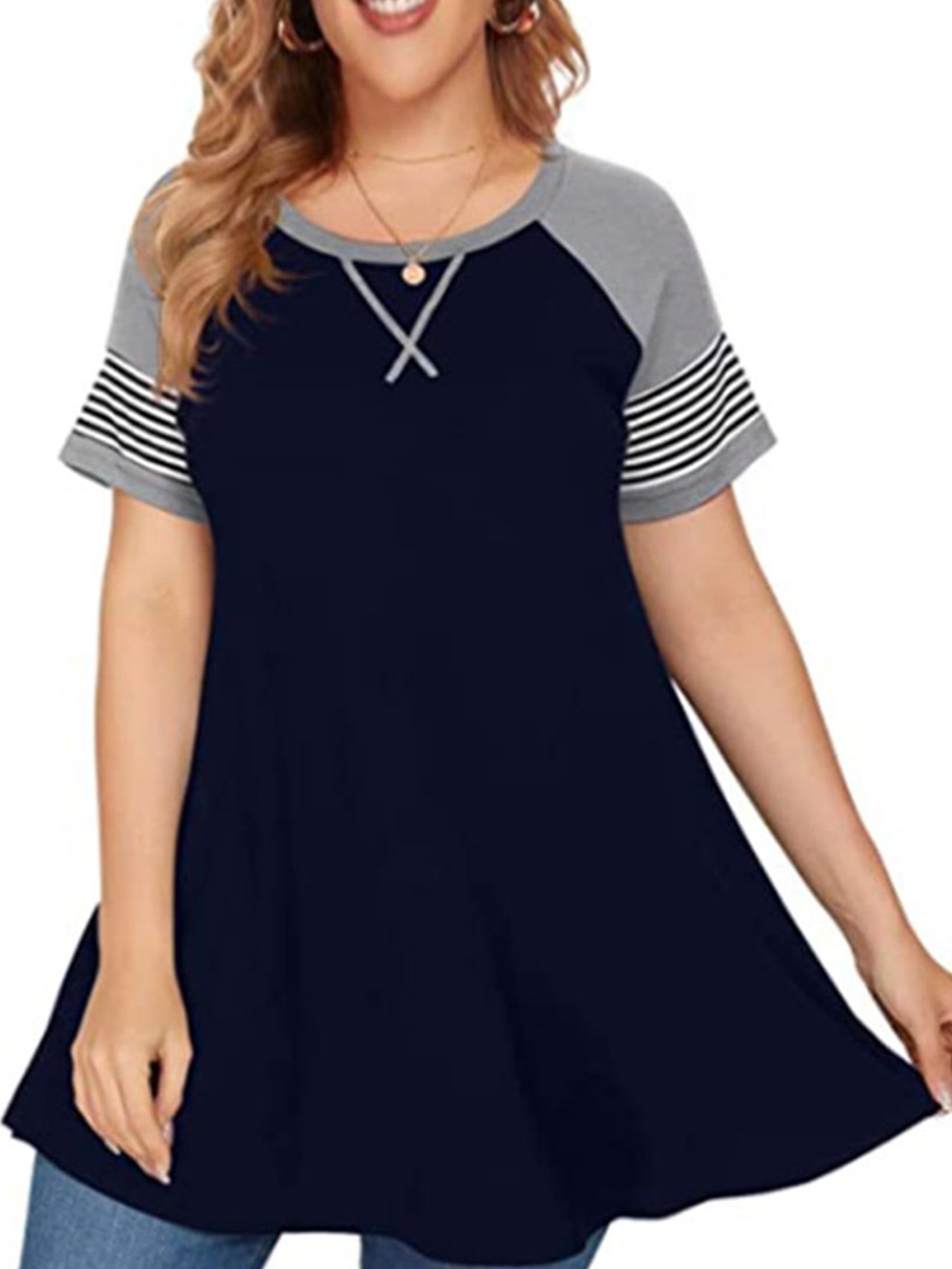 Women Plus Size Casual Shirt Striped Color Block Blouse Tops Short Sleeve Tunics 