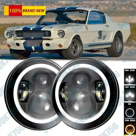 Pair 7 Inch Round Led Headlights Hi/Lo Beam Halo DRL For Ford Mustang 1965-1973