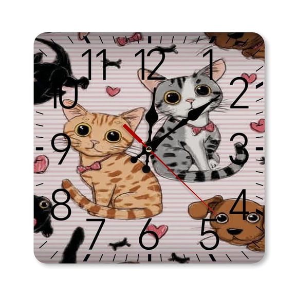 RKSupls 10×10inch Square Silent Wall Clock Wooden Frame, Cats Dogs Heart Scale Decorative Clock for Home Bedroom Living Room Office