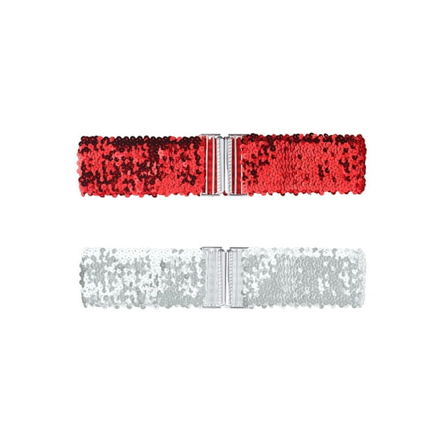 Cinturones Anchos Brillantes para Mujeres INSPIRE CHIC con Hebillas de Entrecruzado y Decoración de Lentejuelas, Cinturones Elásticos 2PCS Rojo