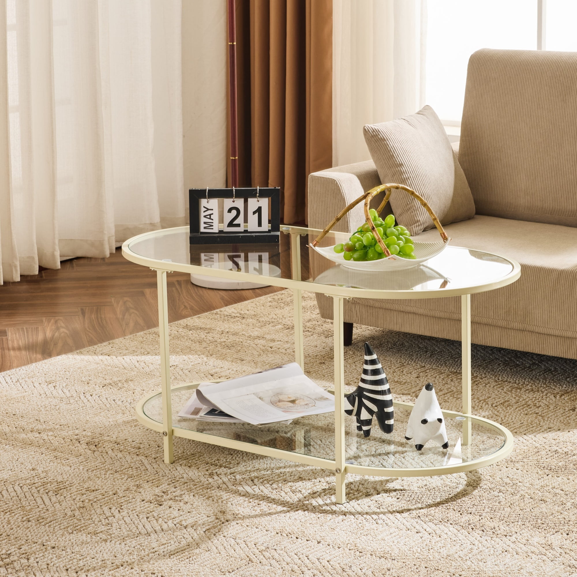 Ktaxon Rustic Coffee Table, Transparent Glass 2-Tier Oval Vintage Minimalist Design Center Table Rust Resistant Narrow Table for Living Room, Beige