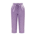 thumbnail image 4 of Gingham Capris for Women Petite Linen Cropped Pant Lightweight Dressy Casual Wide Leg Elastic Waist Summer Pull on Ladies Palazzo Capri Trouser with Pockets Purple 3XL, 4 of 6