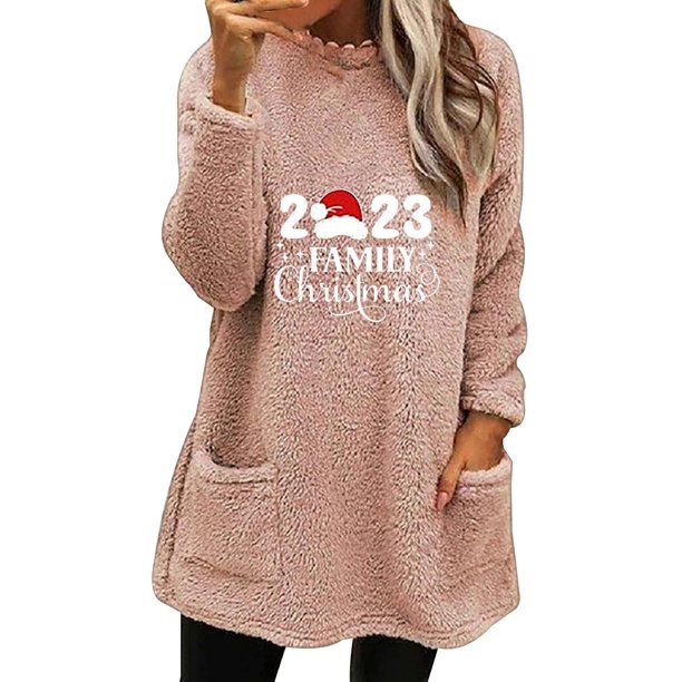 Gibobby Sudadera de Navidad para mujer Sudadera con capucha de felpa con bolsillo y manga larga con cuello redondo y estampado navideño informal para mujer(Rojo,M)