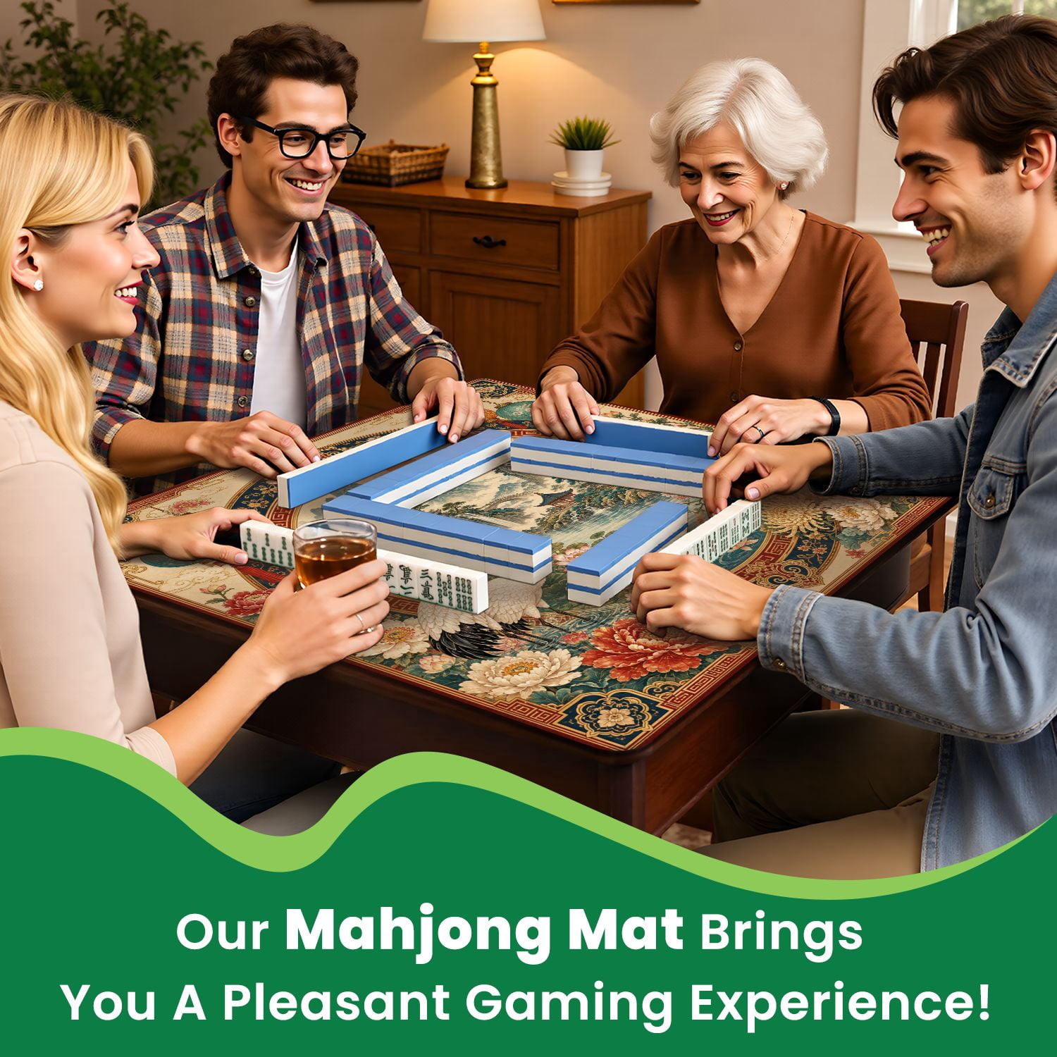 Mahjong Mat 31.5" x 31.5" Chinese Style Floral Circular Frame Cranes Koi Fish Traditional Non-Slip Noise Reduction Chic Portable Gaming Table Cover for Family Game Night & Gift