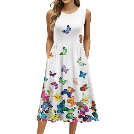 Biziza Casual Dresses for Women Sleeveless 2025 Long Floral Multi-color Vintage Causal Elegant Dresses Lightweight Cotton Round Neck Stretch Polyester Corset Dress with Pockets