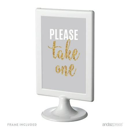 Signature Light Gray, White, Gold Glittering, Framed Party Sign, Please Take One, 4x6-inch Double-Sided