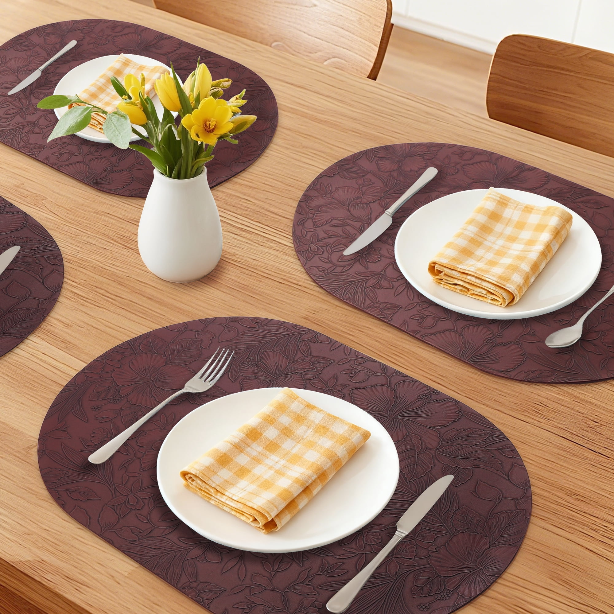 Placemats Set of 6 Leather Placemats for Kitchen Dining Table Decor Waterproof Heat Resistant Table Placemats Dark Brown 17.7*11.8inch
