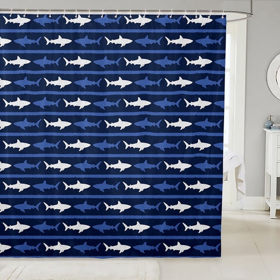 Manfei Coastal Shark Shower Curtain 72Wx72L, Simple Horizontal Stripe Bathroom Curtain, Navy White