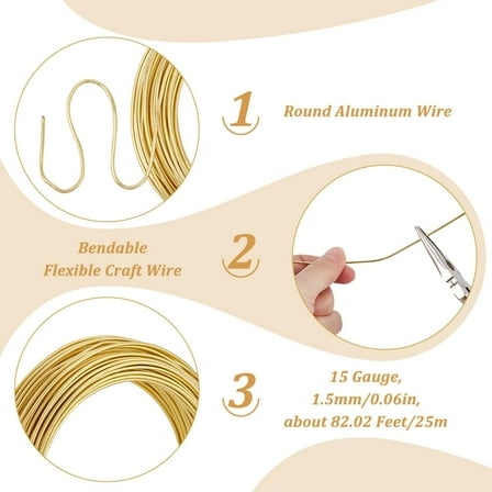 82 Feet Aluminum Wire 1.5mm Gold Crafting Wire 15 Gauge Bendable Craft Metal Wire Jewelry Craft Wire Bendable Aluminum Metal Wire for Jewelry Making Wire Wrapping Beading Sculpting Modeling