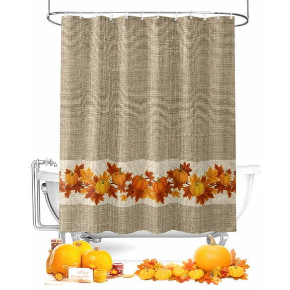 Fall Shower Curtain Autumn Maple Leaves Pumpkin Bathroom Curtains with Hooks, Waterproof Fabric Farmhouse Linen Thanksgiving Bath Shower Curtains Set for Bathroom Bathtubs Decor 72x84 Inch