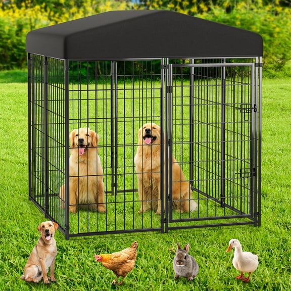 Anyask 4FT(D) x 4FT(W) x 4.5FT(H) Large Outdoor Heavy Duty Metal Dog Kennel Playpen with Sun/Rain Roof Top for Cat Duck Chicken